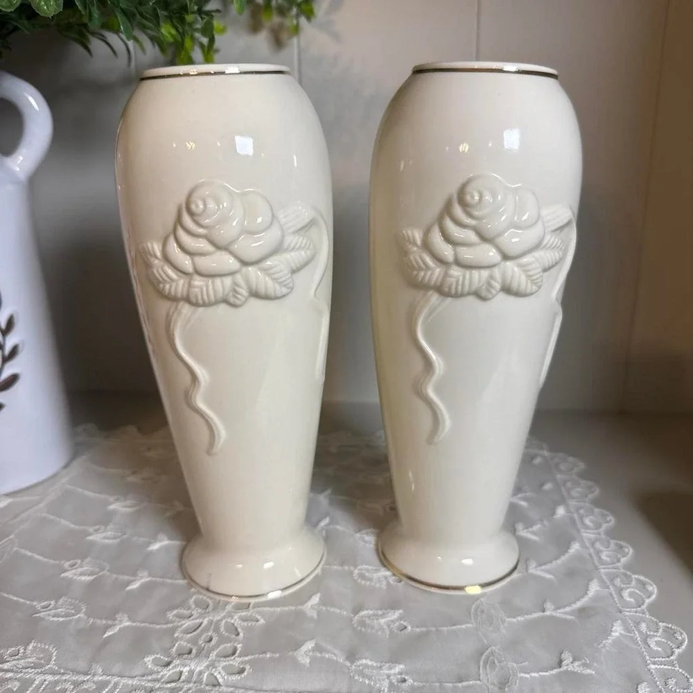 Vintage 1980s Lenox Rose Blossom Bud Vases Pair